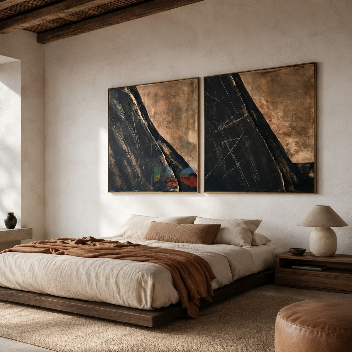 Obsidian Drift Pair – Abstract Wabi-Sabi Textured Wall Art