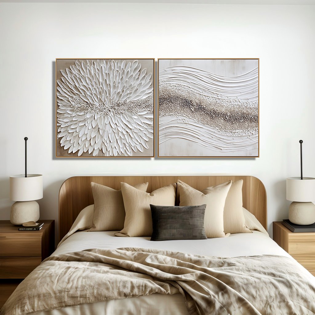 Quiet Bloom Rhythm – Textured Abstract Diptych Wall Art