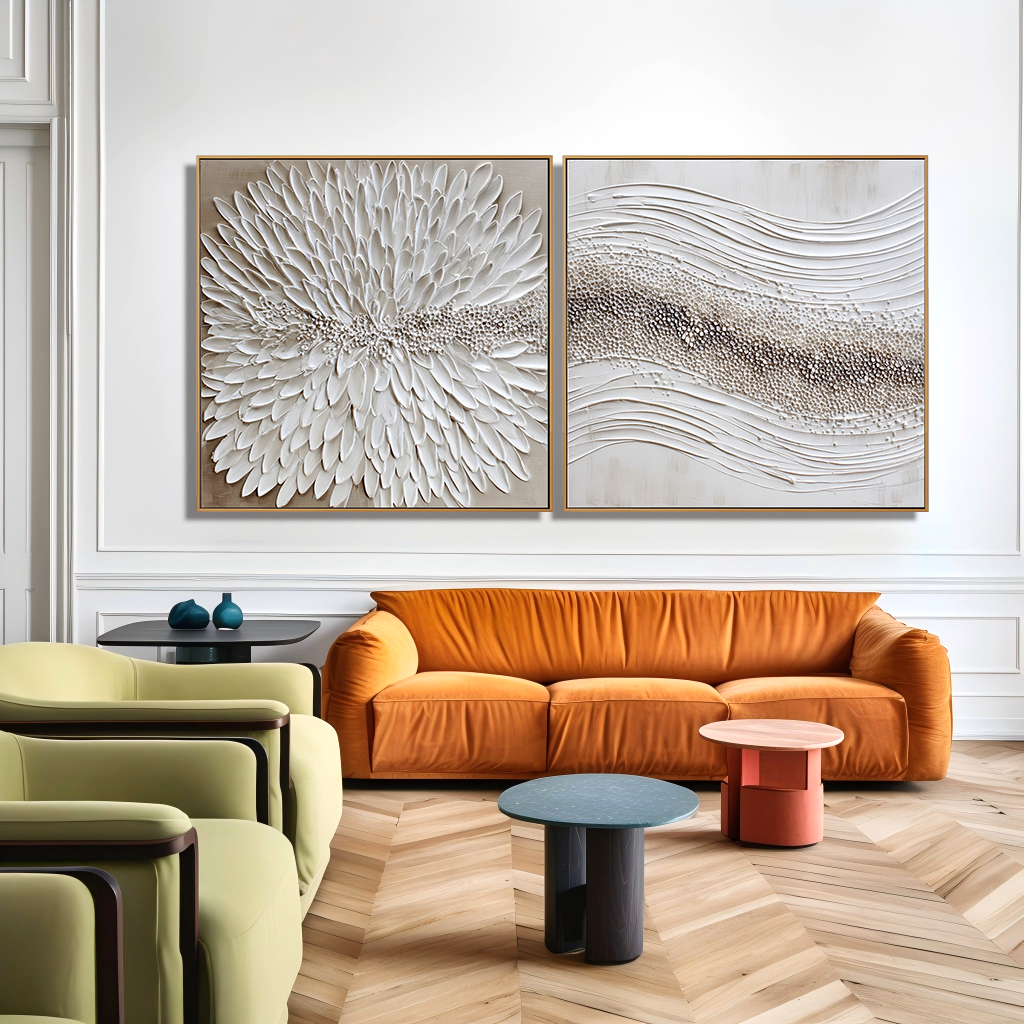 Quiet Bloom Rhythm – Textured Abstract Diptych Wall Art