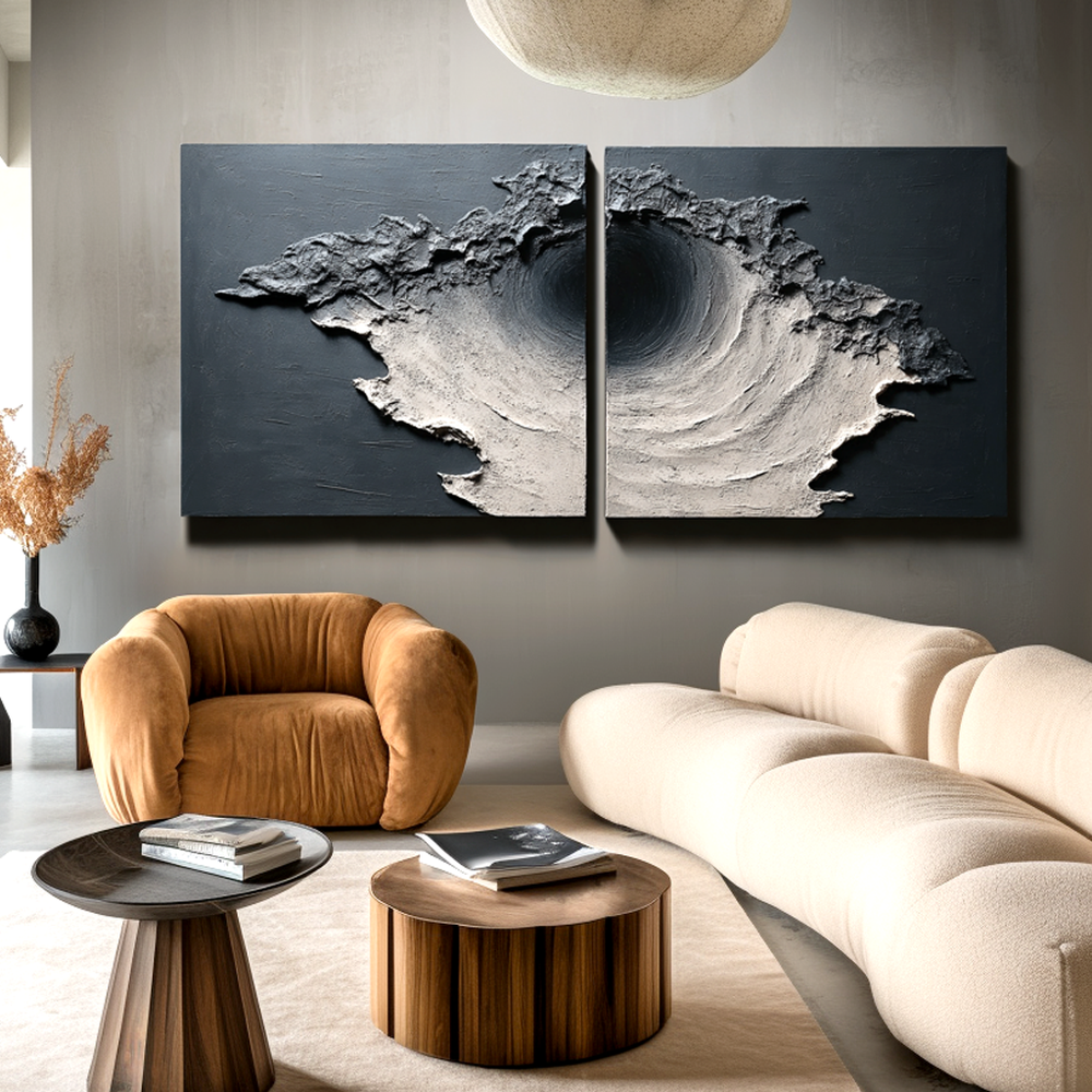 Dark Textured Abstract Diptych Wall Art, Hand-Painted Modern Canvas ...