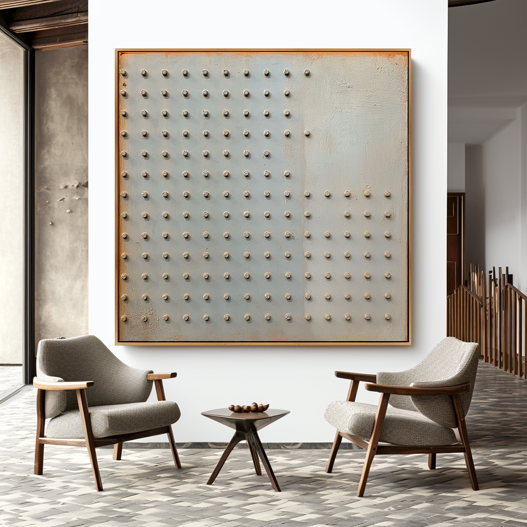 Silent Grid - Minimalist Industrial Abstract Oil Painting