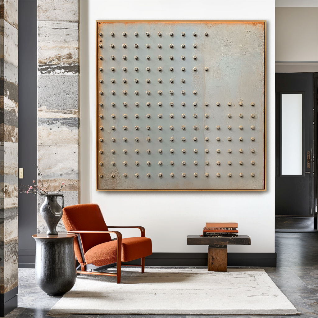 Silent Grid - Minimalist Industrial Abstract Oil Painting