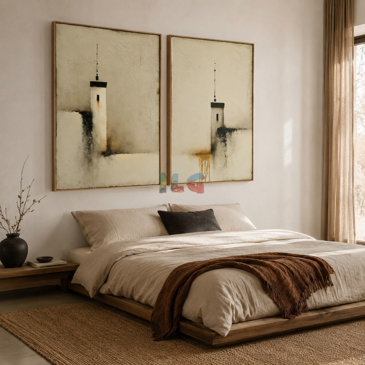 Veiled City Spires Pair – Abstract Urban Textured Wall Art