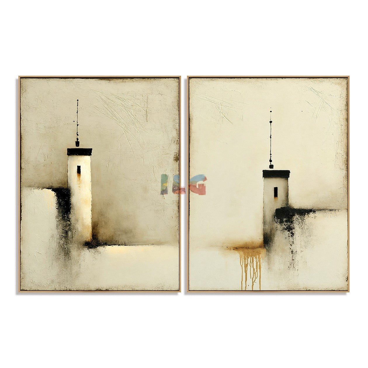 Veiled City Spires Pair – Abstract Urban Textured Wall Art