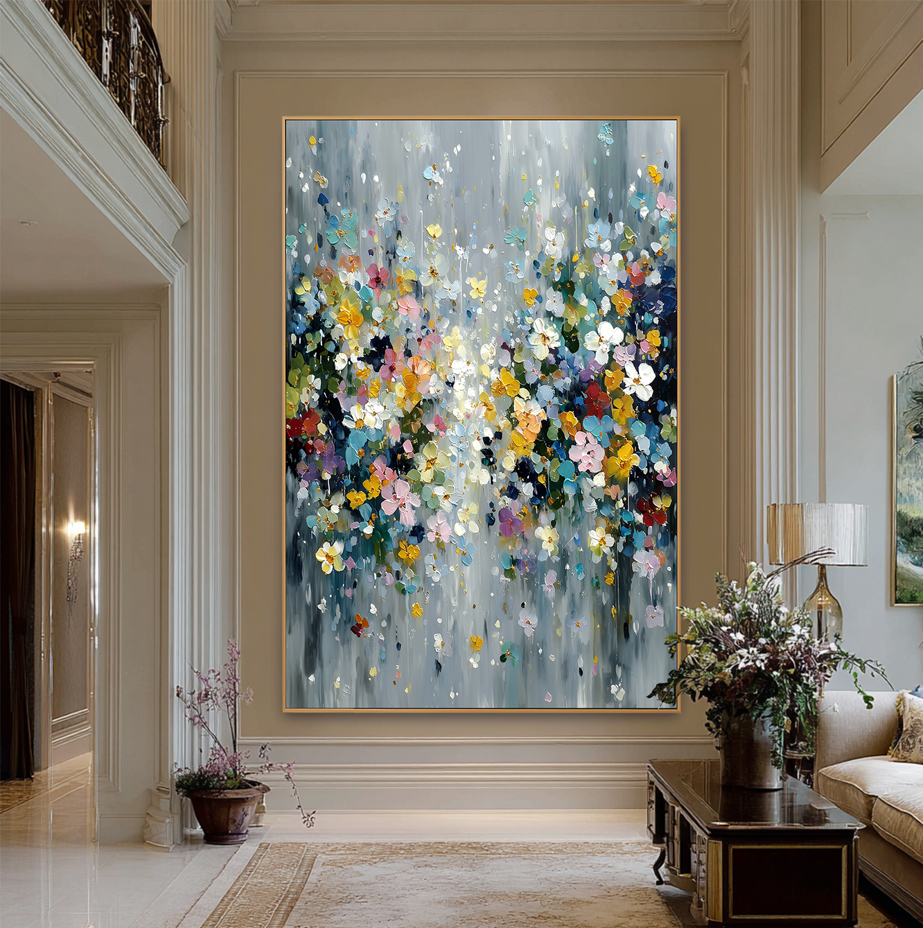 Silver Bloom - Textured Floral Abstract Oil Painting