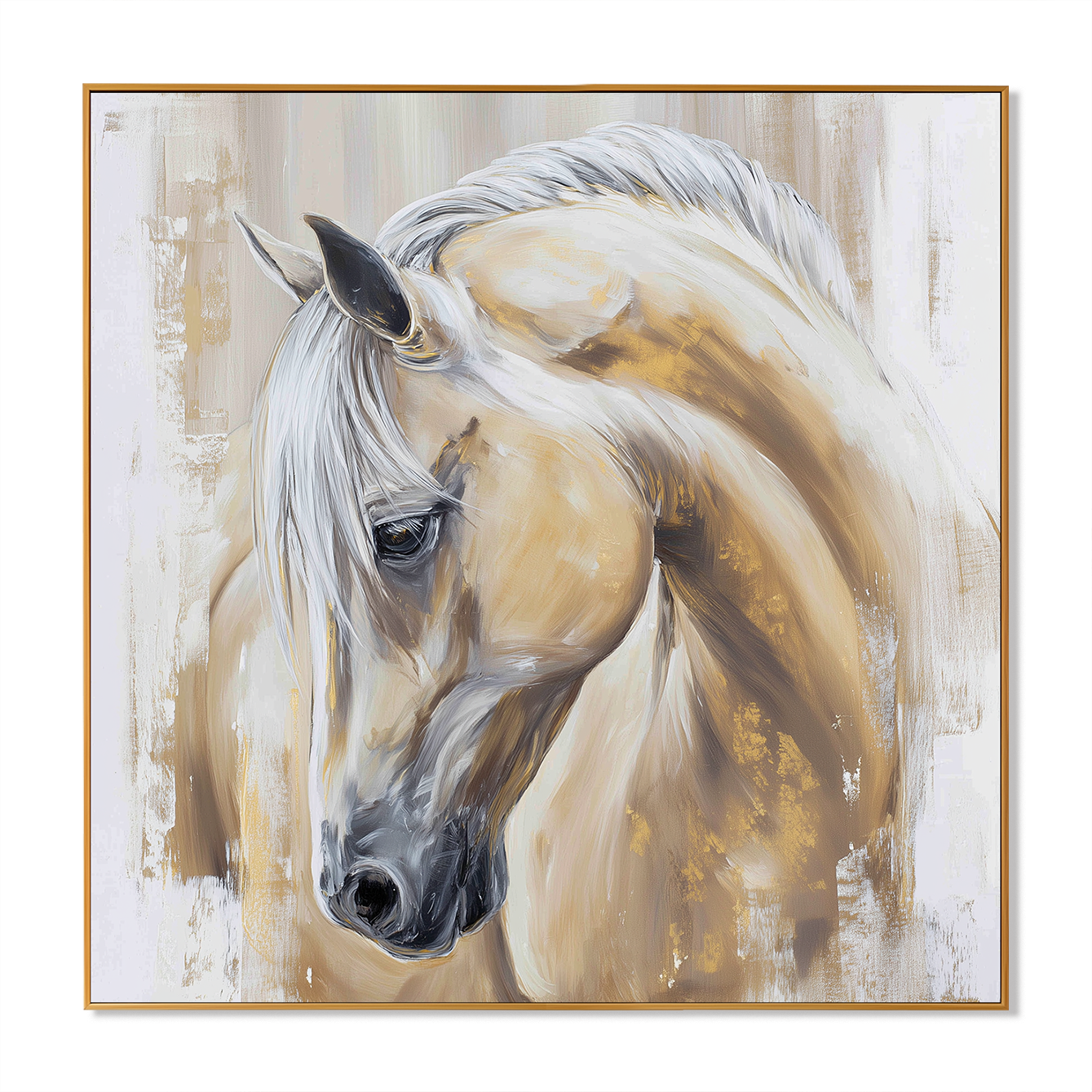 Golden Grace - Modern White Horse Portrait Oil Painting