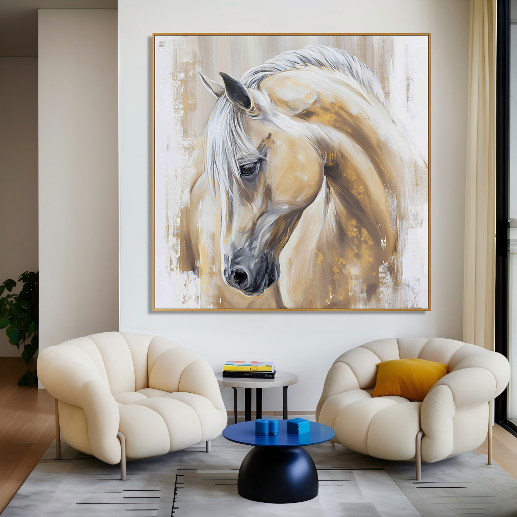 Golden Grace - Modern White Horse Portrait Oil Painting