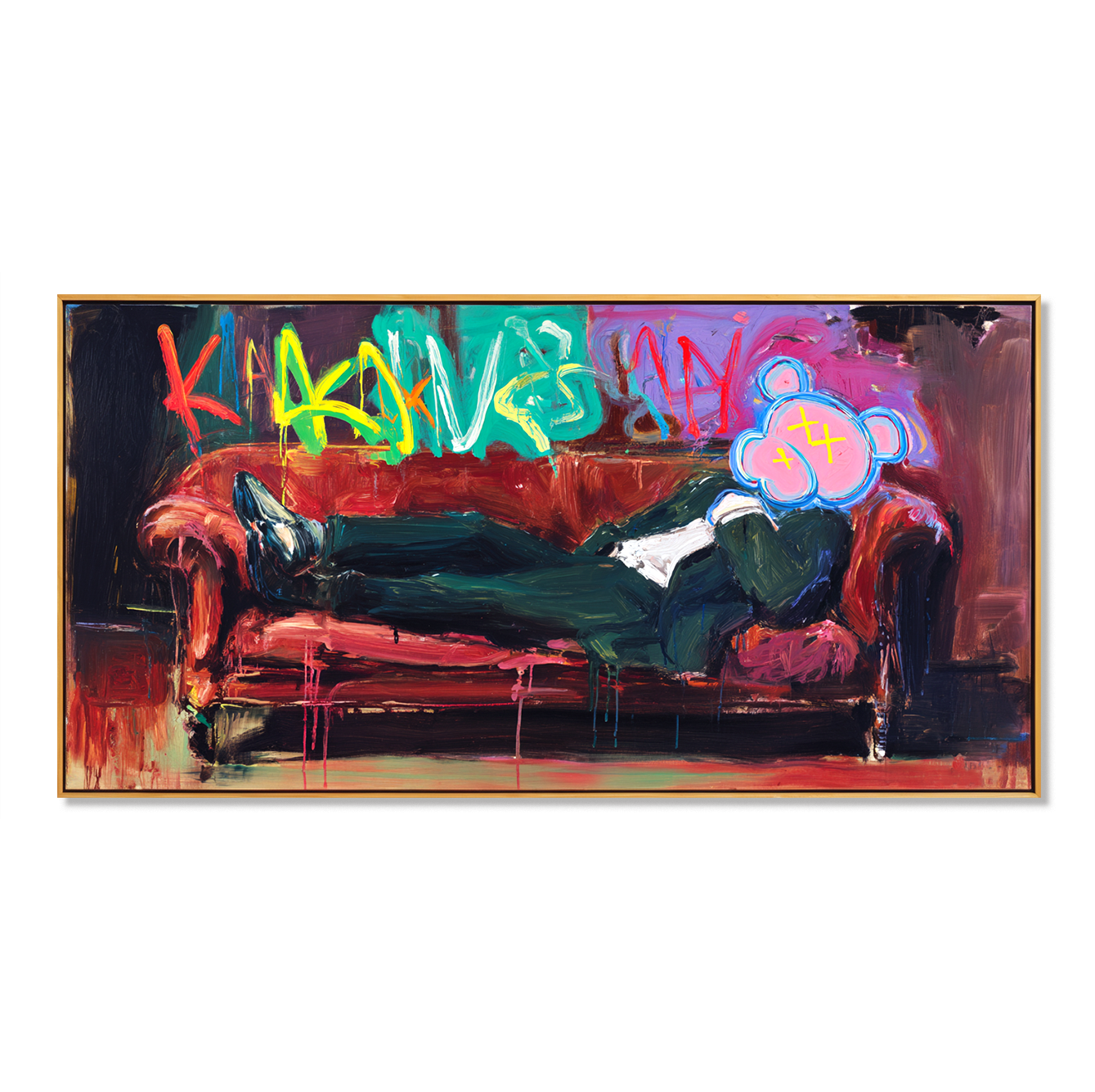 Neon Escape – KAWS Style Graffiti Painting, Colorful Street Art Canvas for Modern Wall Decor