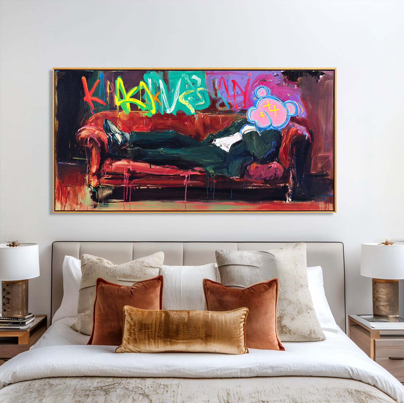 Neon Escape – KAWS Style Graffiti Painting, Colorful Street Art Canvas for Modern Wall Decor