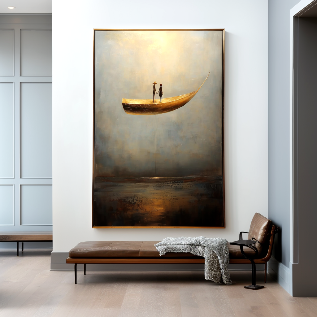Golden Drift - Surreal Boat Figurative Oil Painting