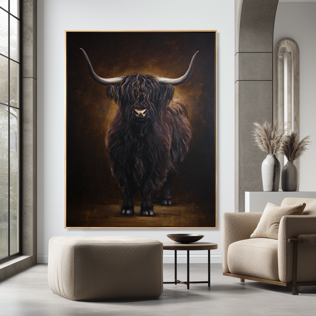 Shadow Highland - Dramatic Highland Cow Oil Painting