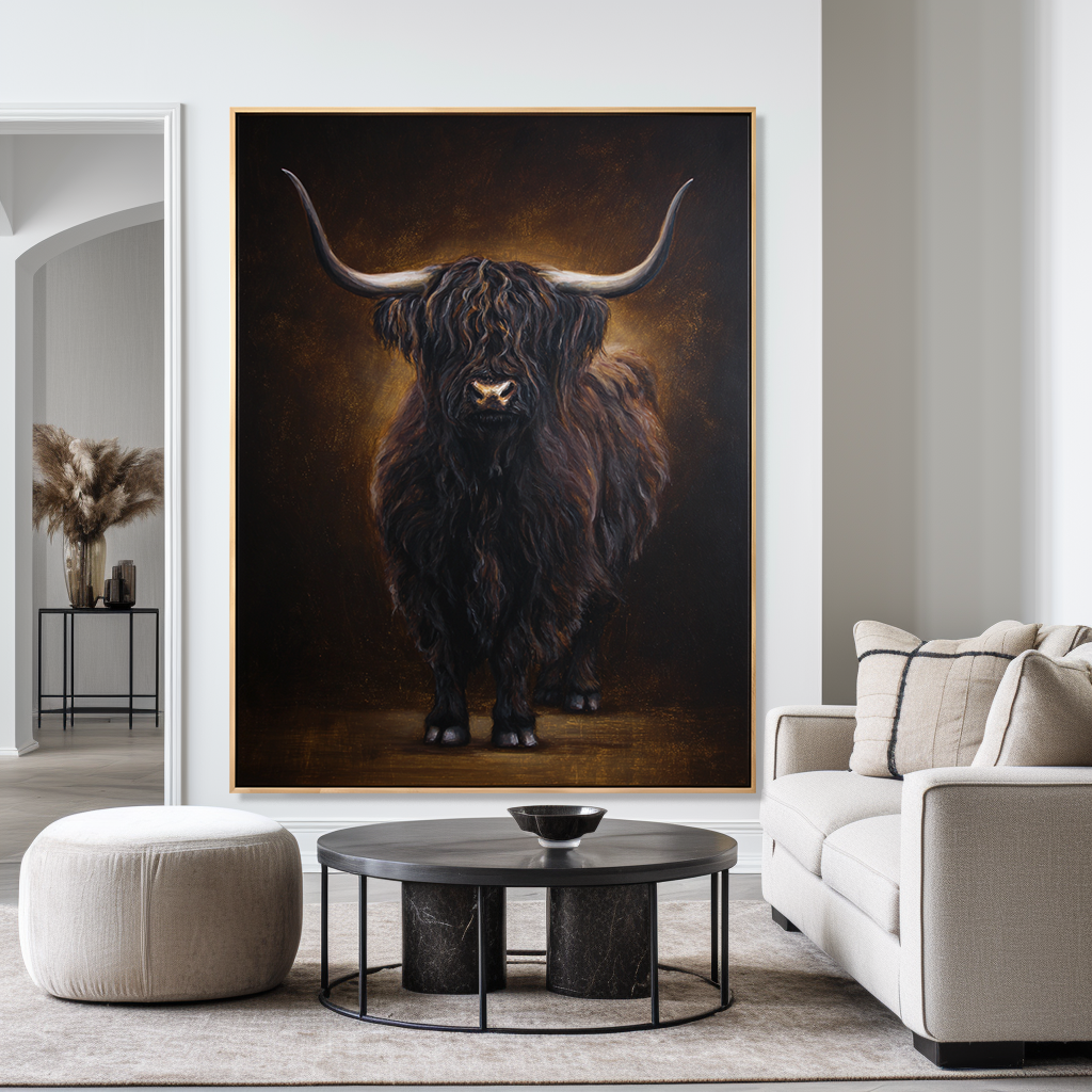 Shadow Highland - Dramatic Highland Cow Oil Painting