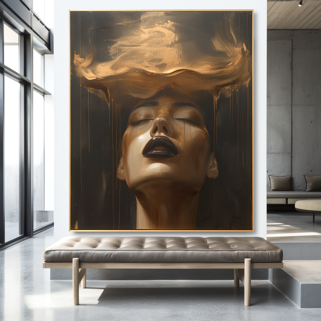 Molten Reverie - Dramatic Gold Figurative Portrait Oil Painting
