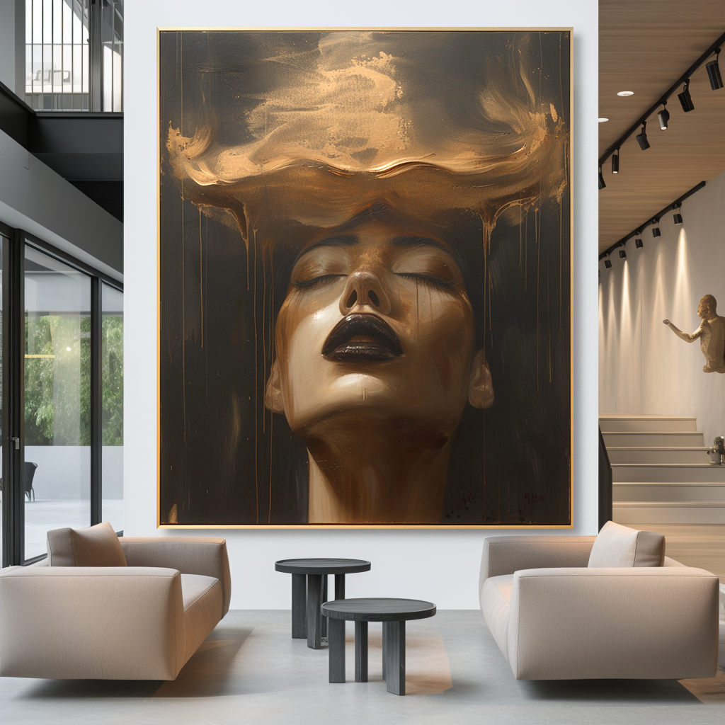 Molten Reverie - Dramatic Gold Figurative Portrait Oil Painting