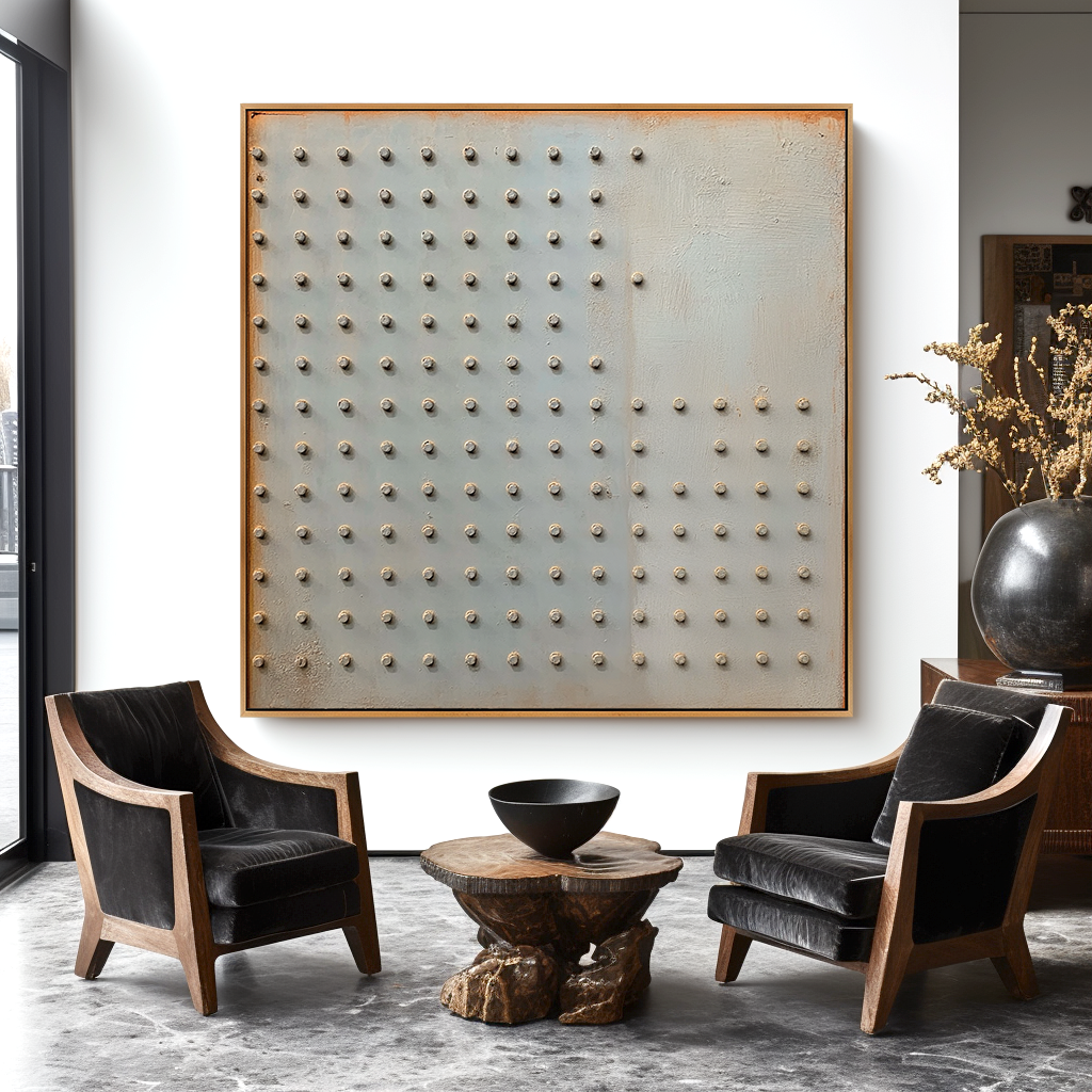 Silent Grid - Minimalist Industrial Abstract Oil Painting