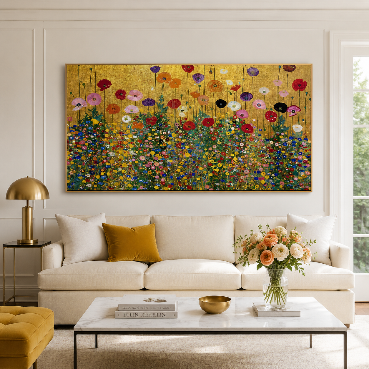 Golden Horizon Meadow – Hand-Painted Textured Floral Canvas Wall Art