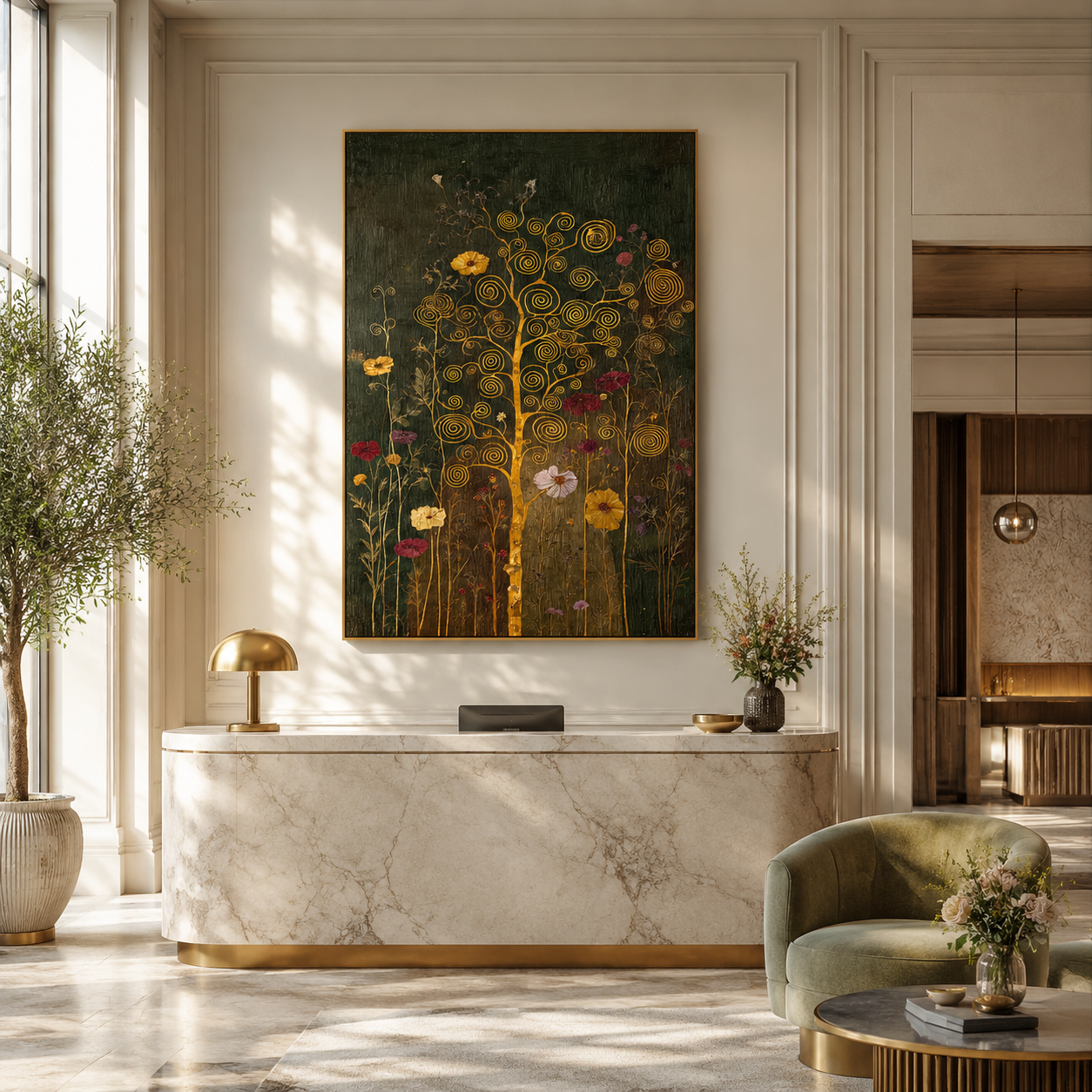 Golden Spiral Garden – Hand-Painted Textured Floral Canvas Wall Art