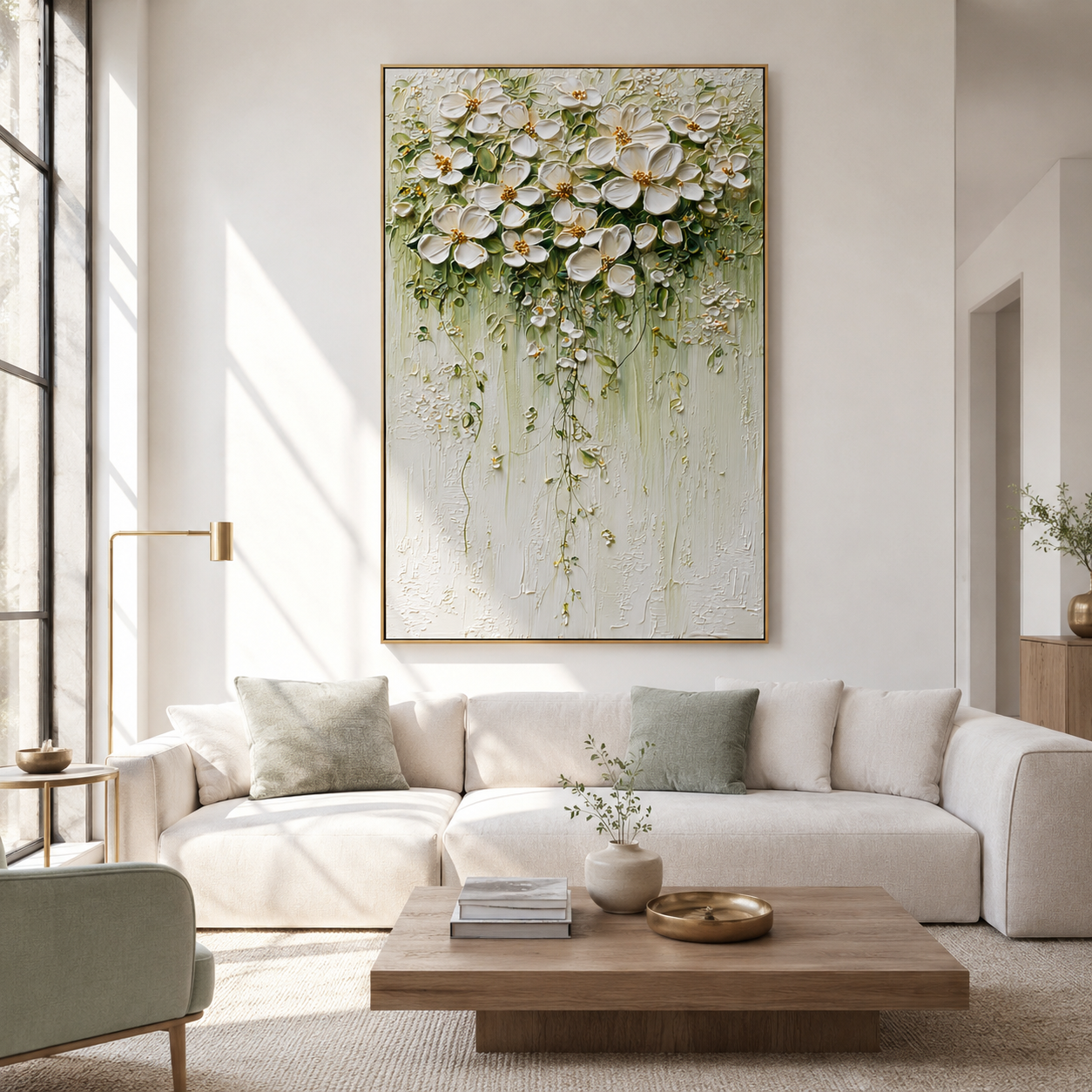 Ivory Blossom Cascade - Hand-Painted Floral Art Acoustic Panel