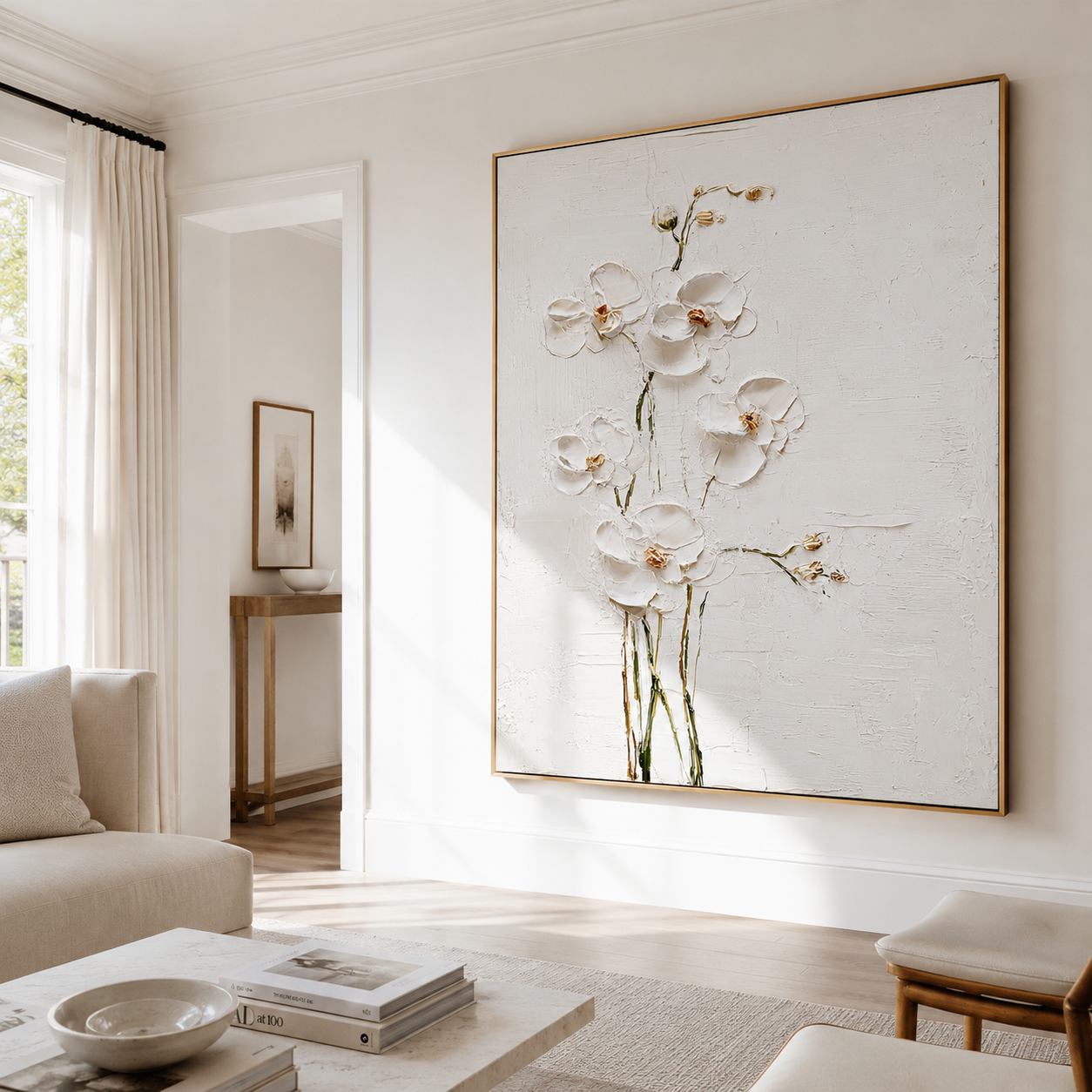 Moonlit Ivory Bloom - Hand-Painted Floral Art Acoustic Panel