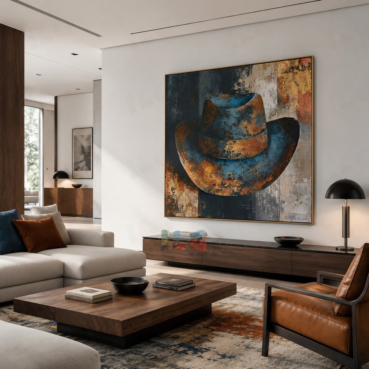 Rust & Indigo Fedora – Textured Abstract Wall Art