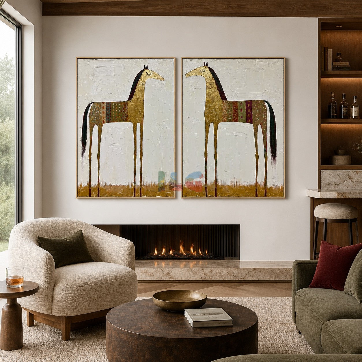 Golden Twin Horses – Western Folk Wall Art Set
