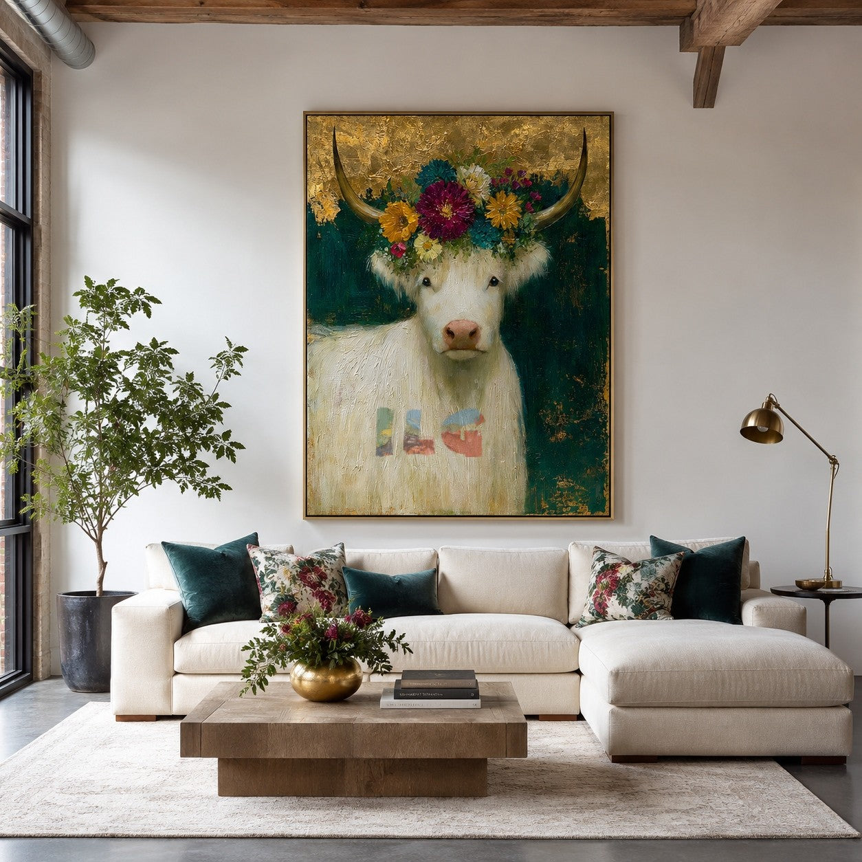 Golden Blossom Highland Cow – Farmhouse Animal Wall Art