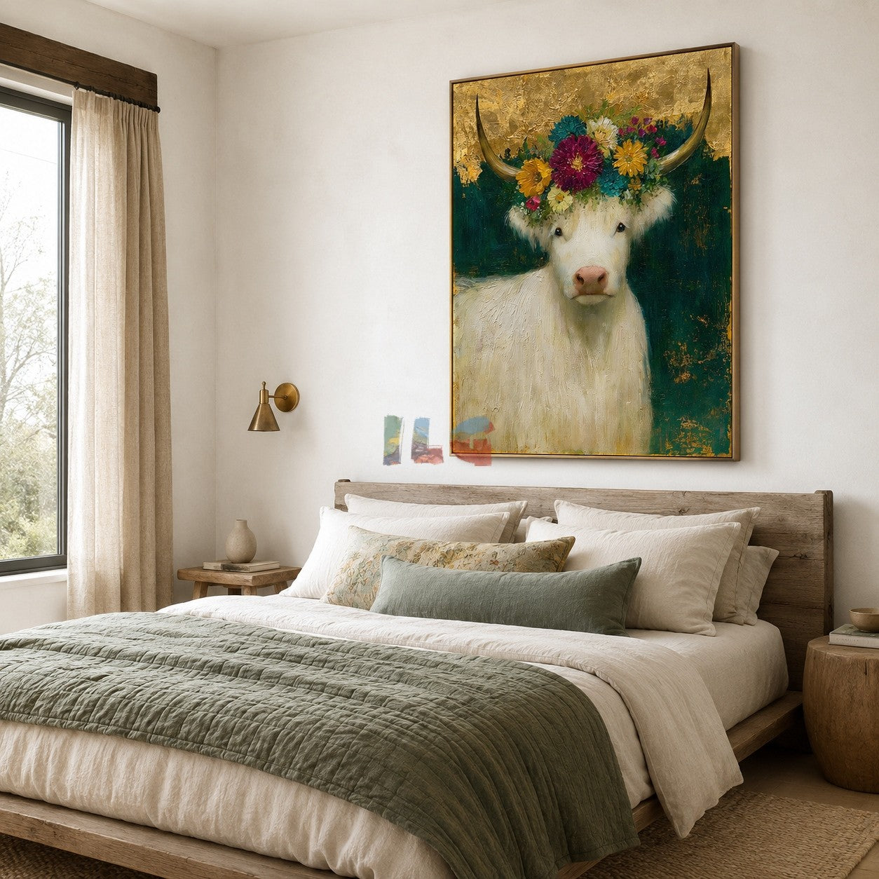 Golden Blossom Highland Cow – Farmhouse Animal Wall Art