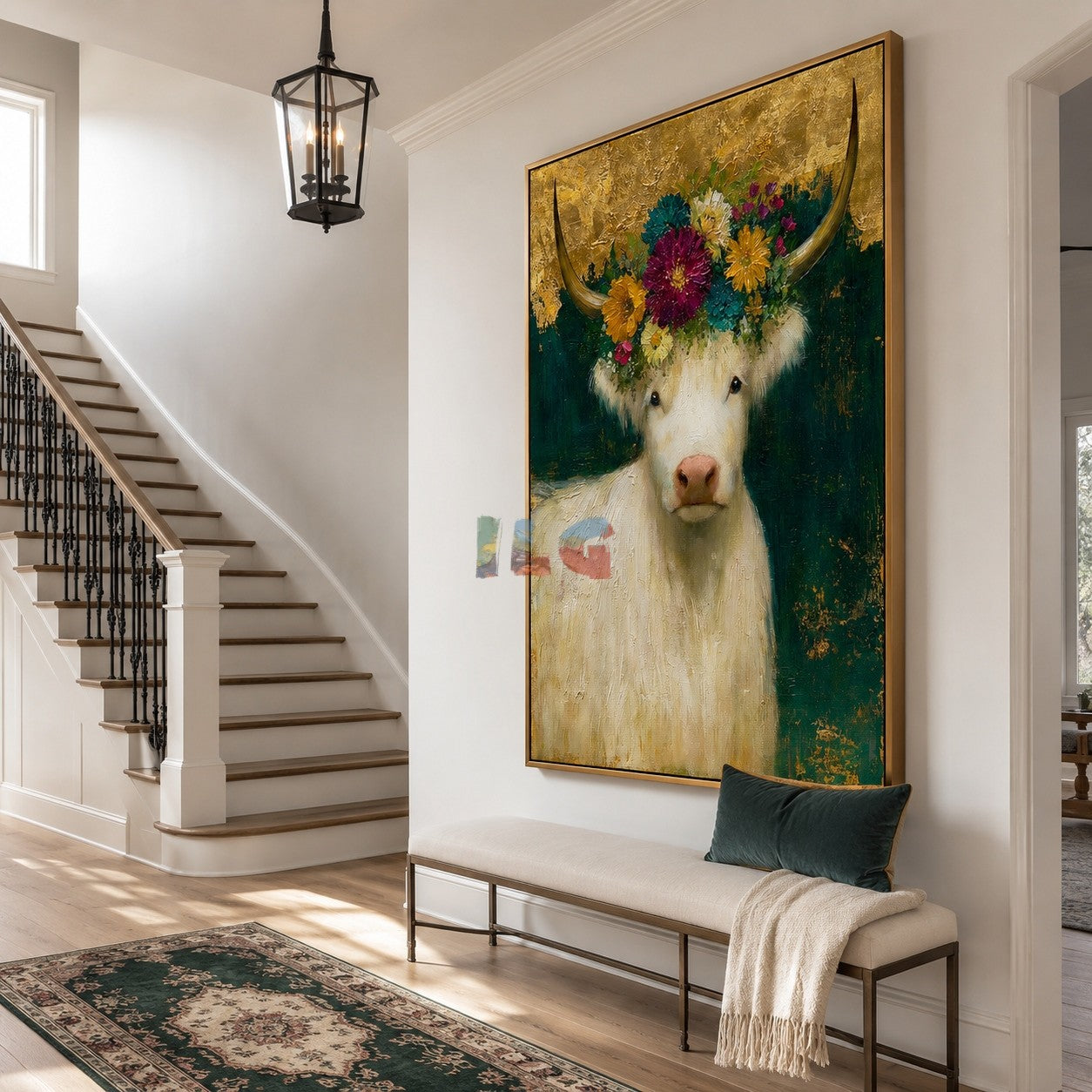 Golden Blossom Highland Cow – Farmhouse Animal Wall Art