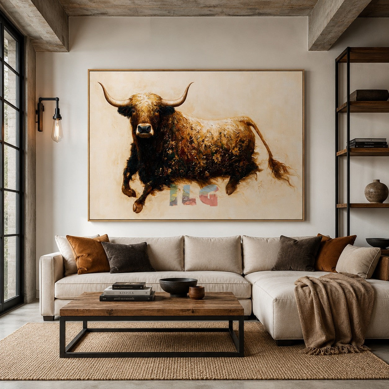 Floral Highland Cow Portrait – Farmhouse Animal Wall Art