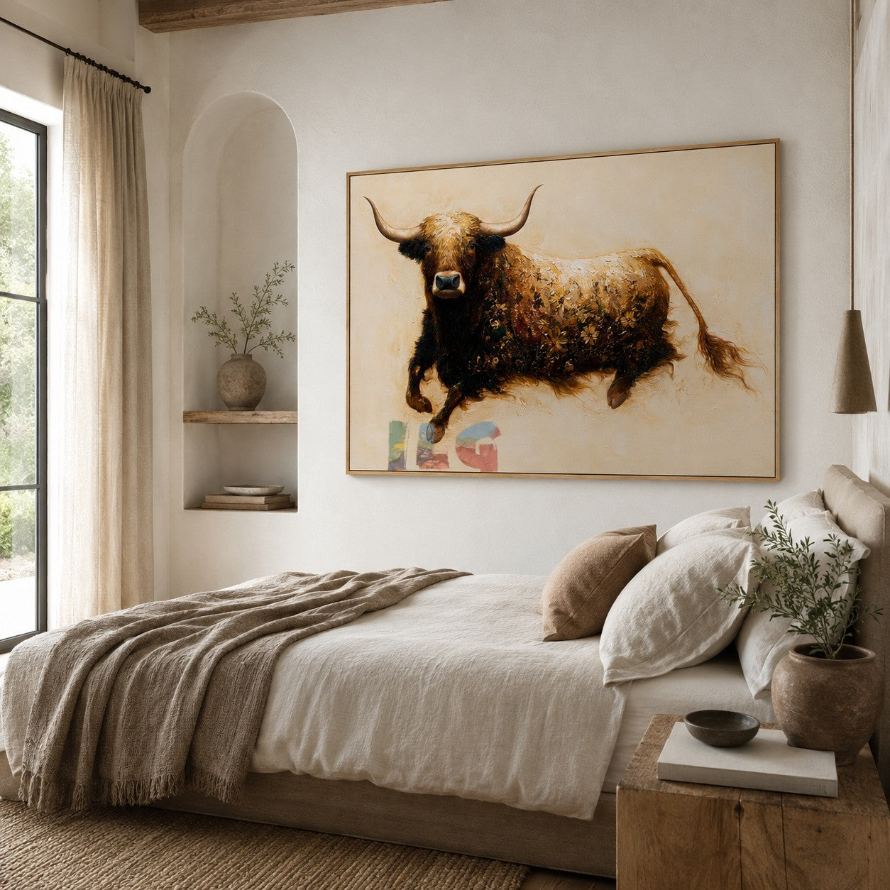 Floral Highland Cow Portrait – Farmhouse Animal Wall Art
