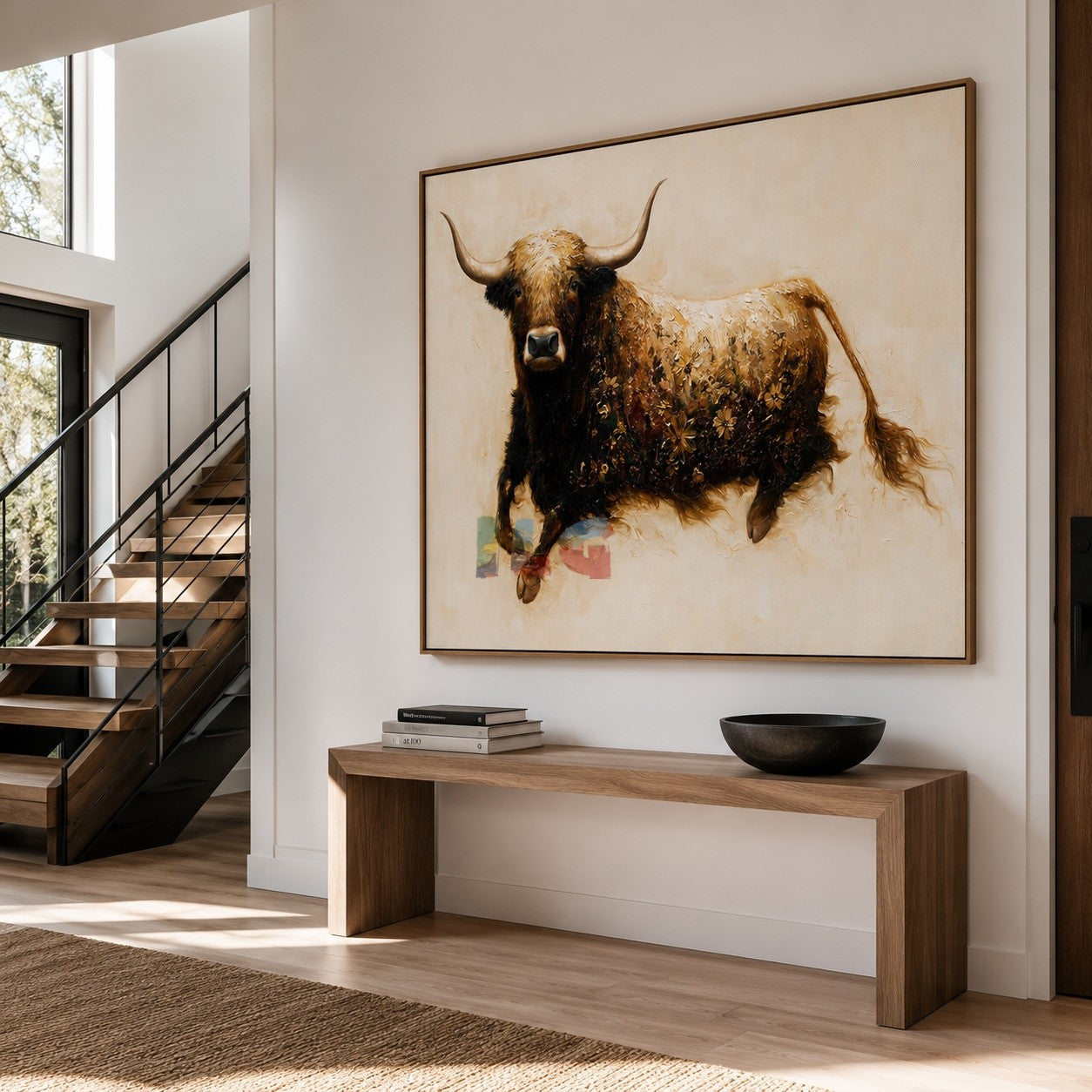 Floral Highland Cow Portrait – Farmhouse Animal Wall Art