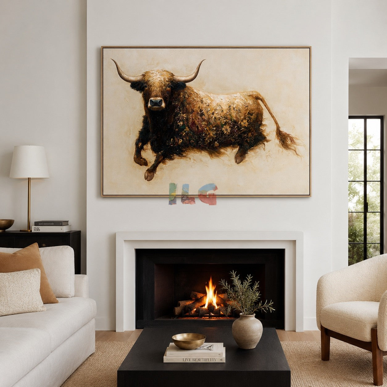 Floral Highland Cow Portrait – Farmhouse Animal Wall Art