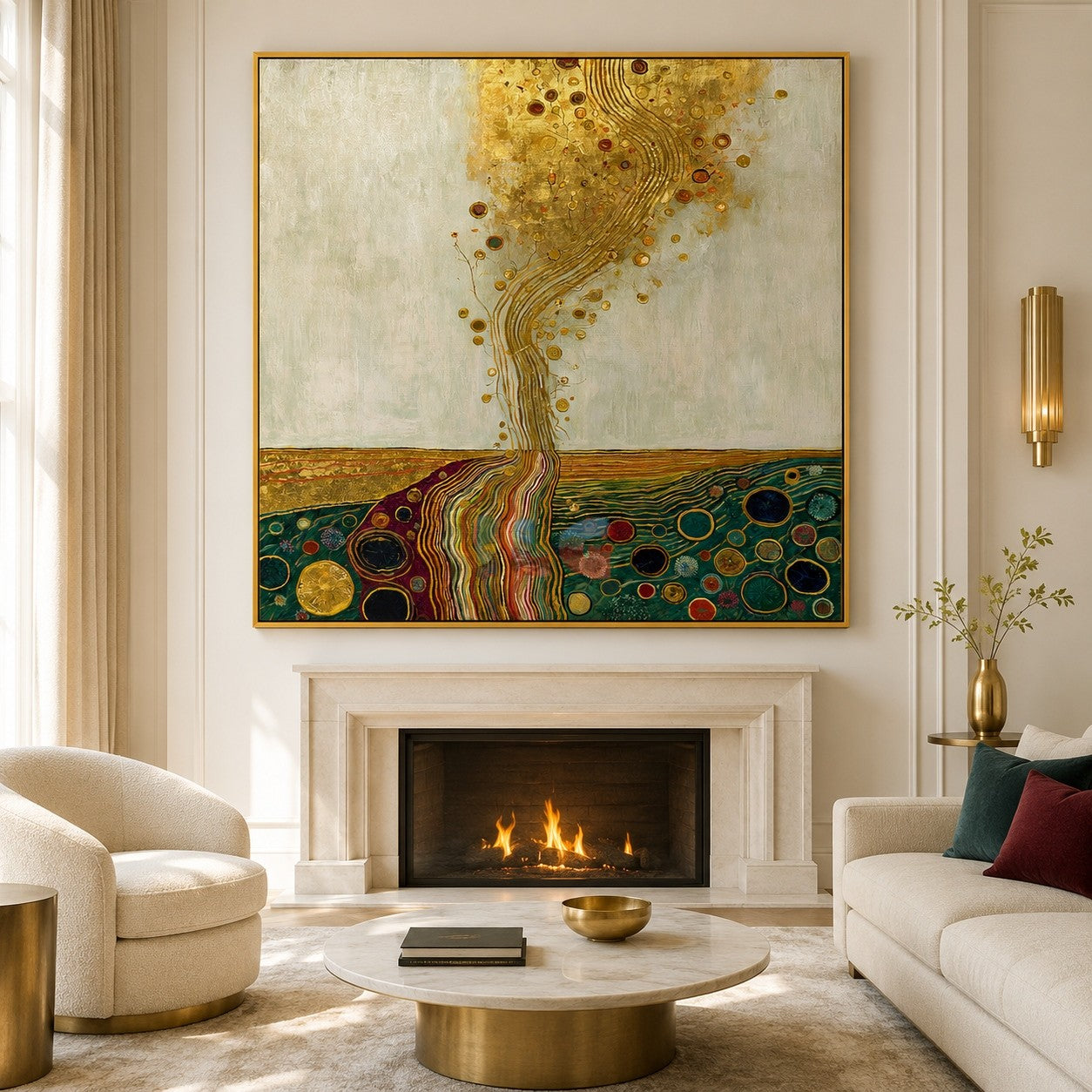 Gilded Bloom Cascade – Decorative Botanical Textured Wall Art