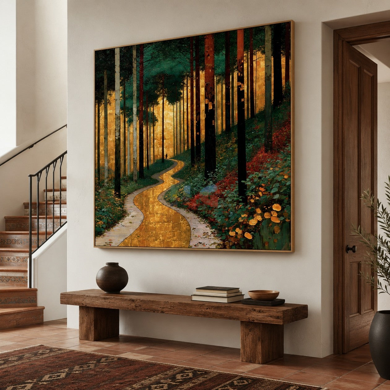 Golden Woodland Passage – Forest Landscape Textured Wall Art