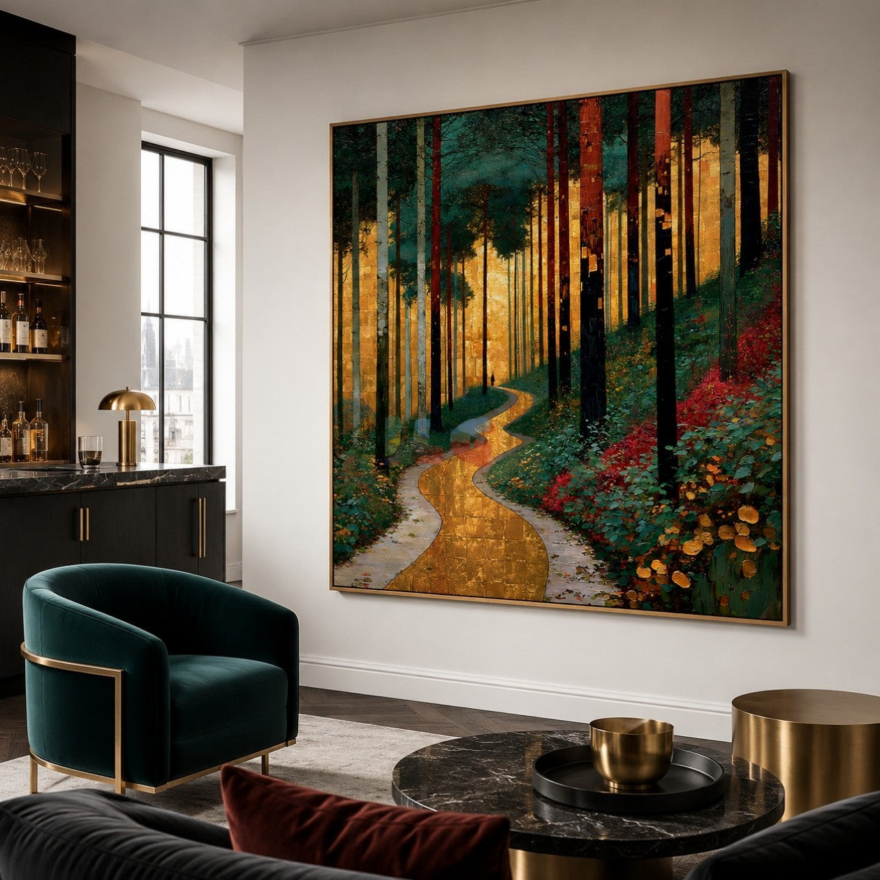 Golden Woodland Passage – Forest Landscape Textured Wall Art