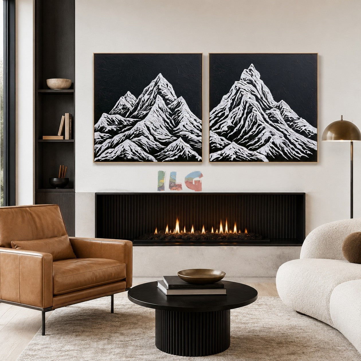Snowline Summit Pair – Black and White Mountain Textured Wall Art
