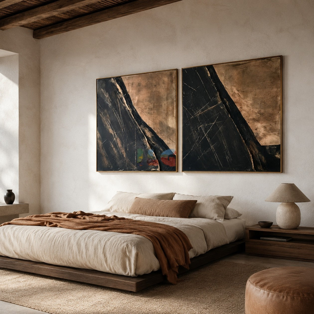 Obsidian Drift Pair – Abstract Wabi-Sabi Textured Wall Art