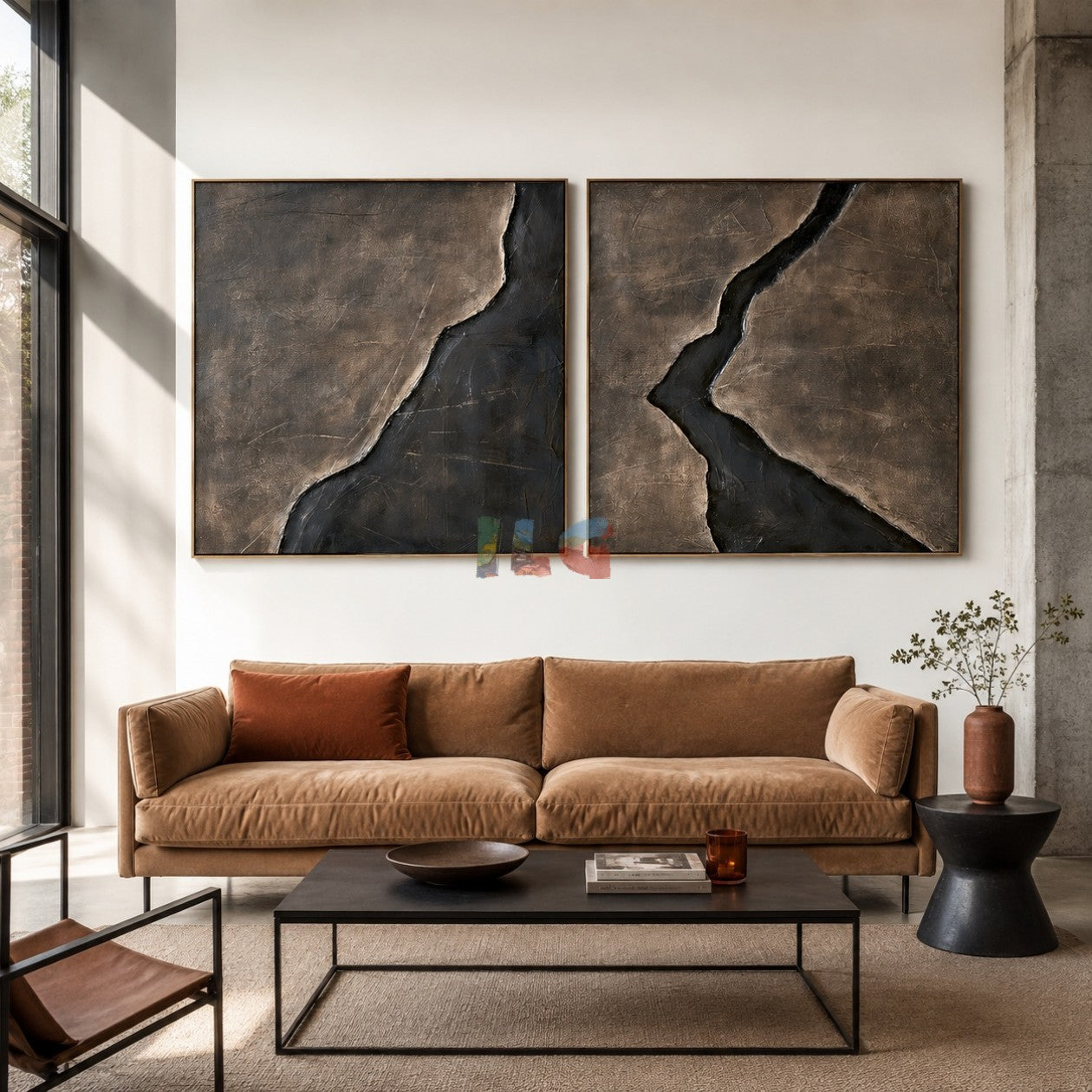 Bronze Rift Pair – Abstract Wabi-Sabi Textured Wall Art