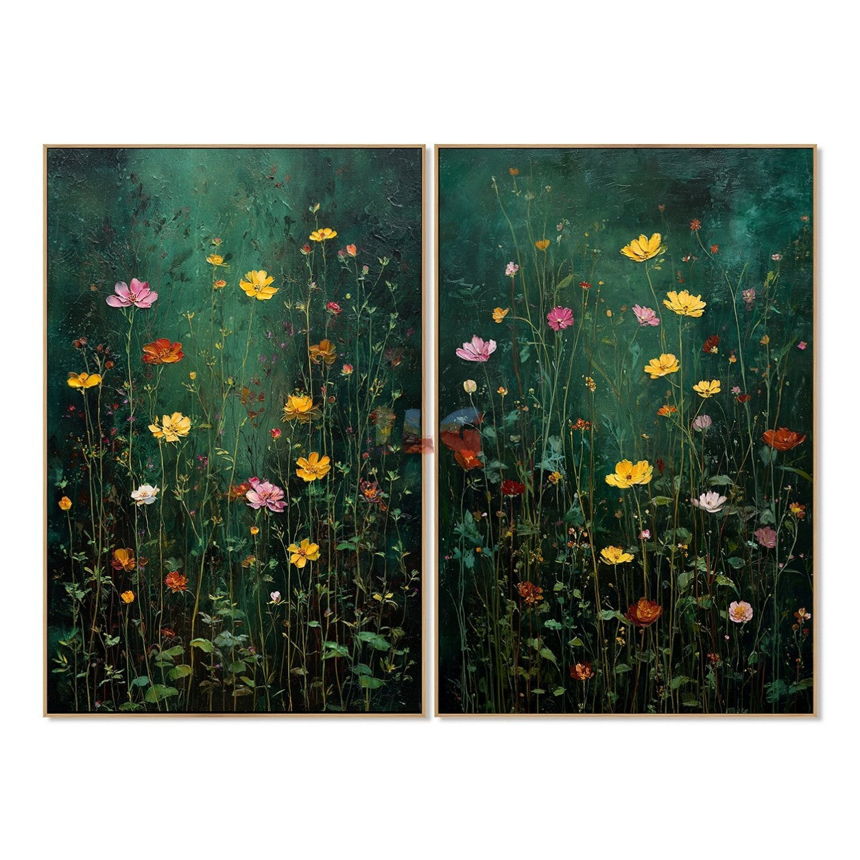 Emerald Field Serenade – Dark Botanical Floral Wall Art Set
