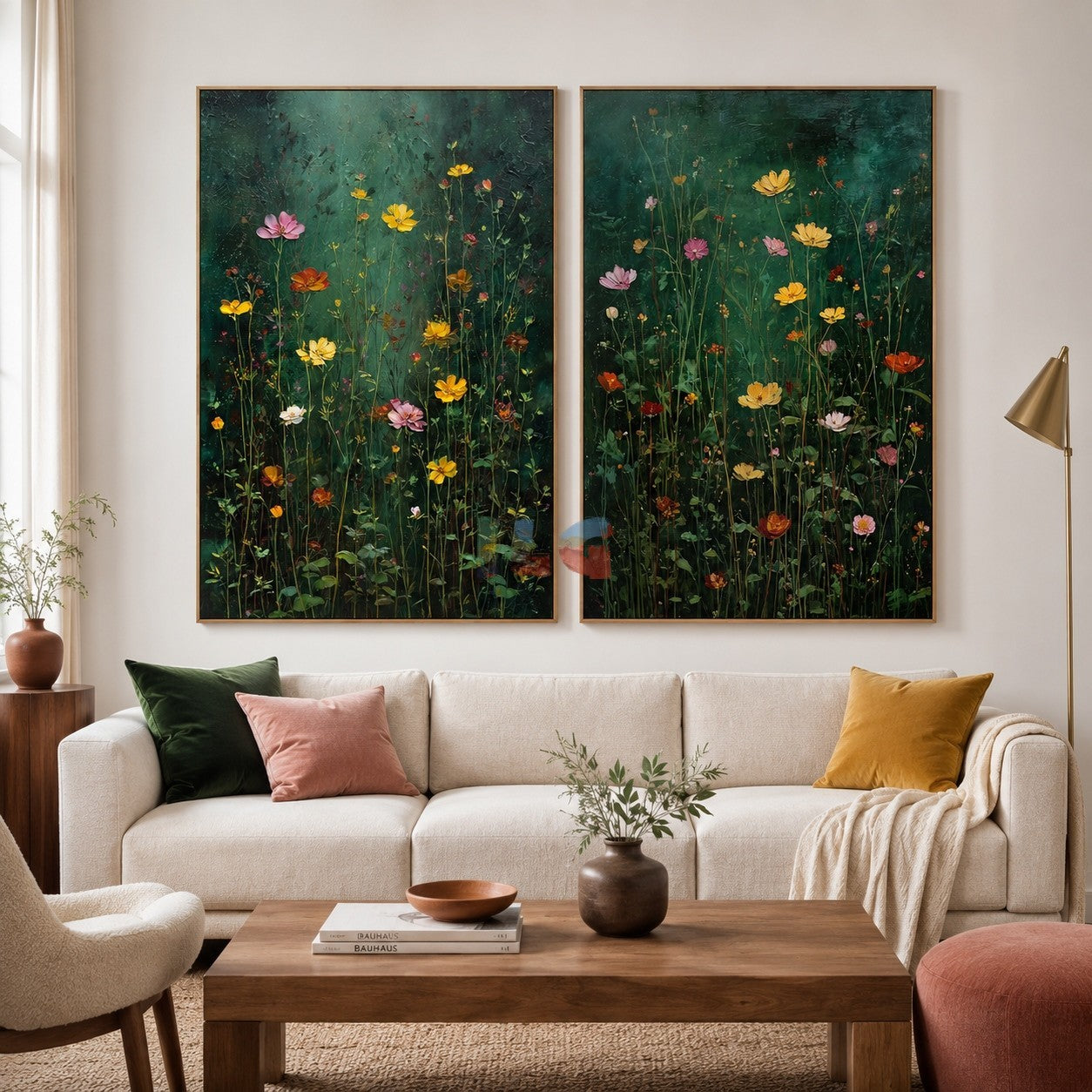 Emerald Field Serenade – Dark Botanical Floral Wall Art Set