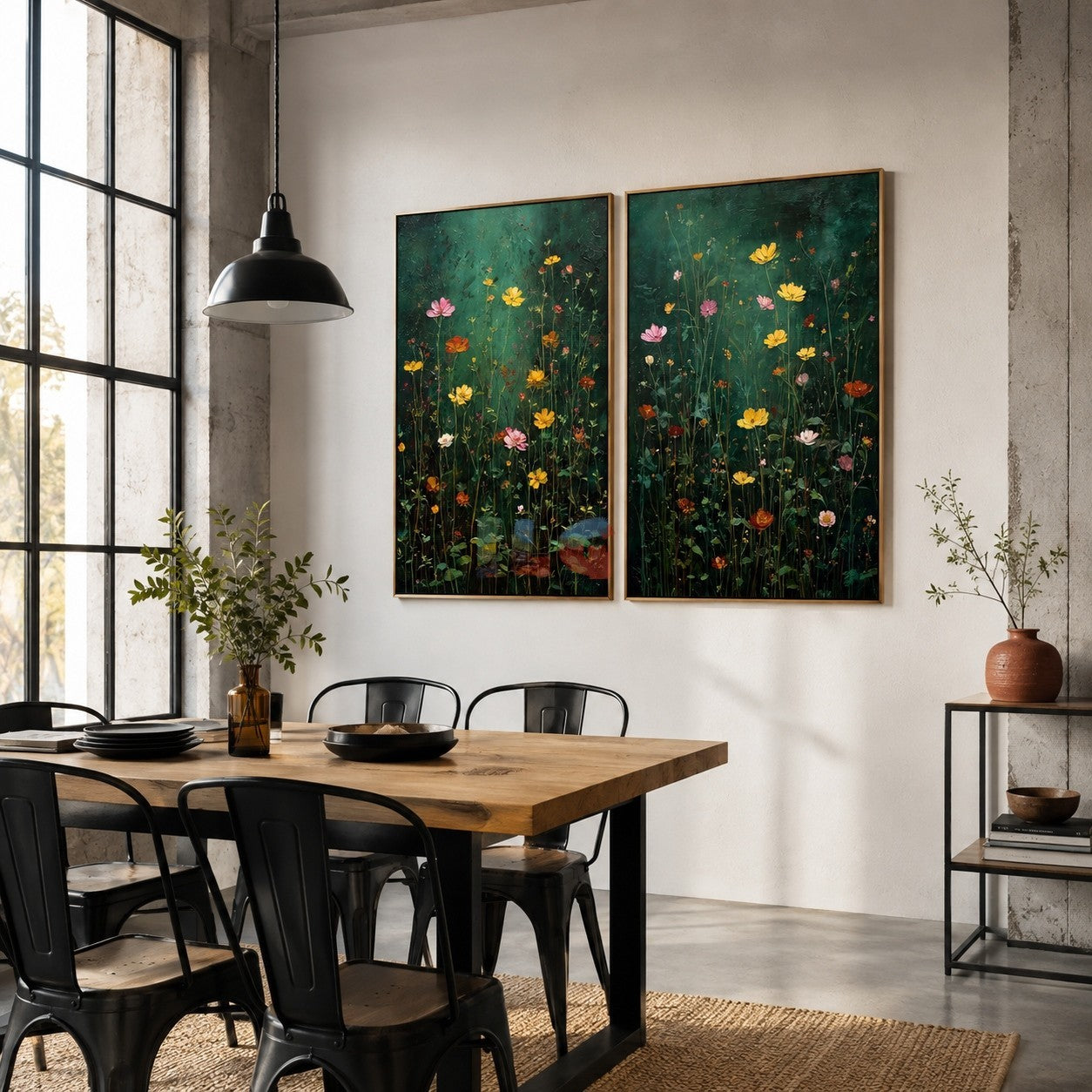 Emerald Field Serenade – Dark Botanical Floral Wall Art Set