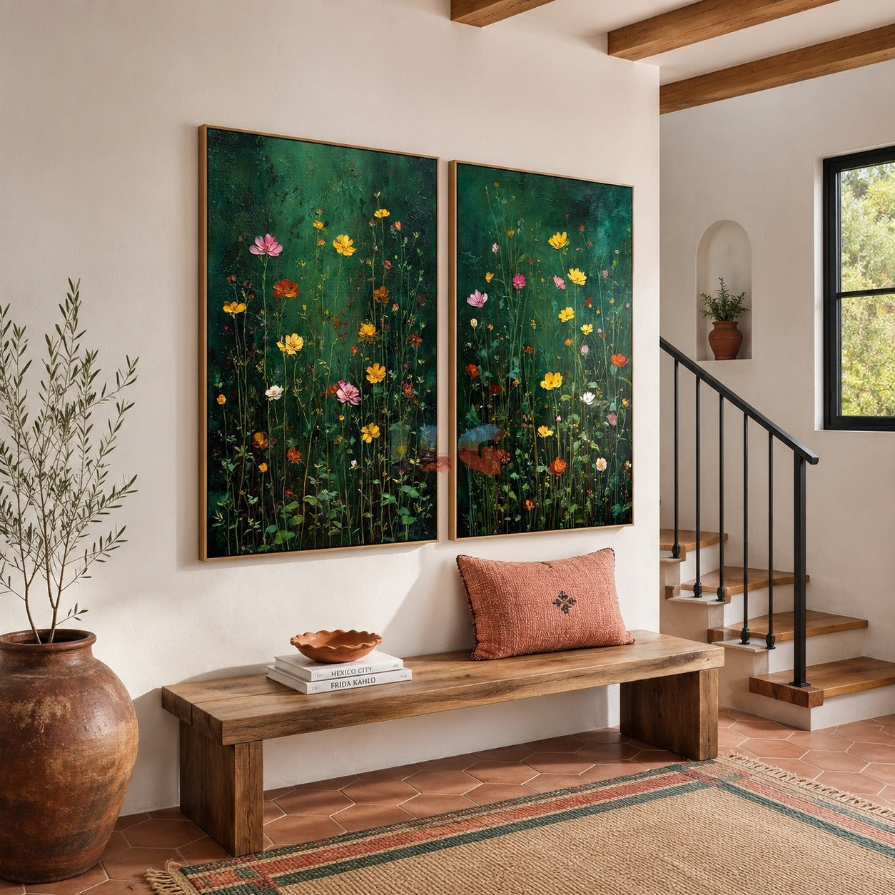 Emerald Field Serenade – Dark Botanical Floral Wall Art Set