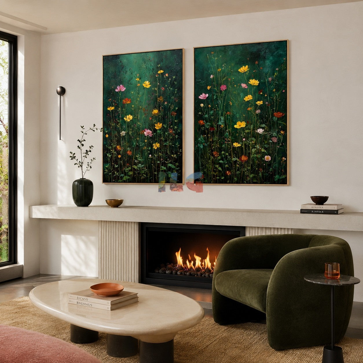 Emerald Field Serenade – Dark Botanical Floral Wall Art Set