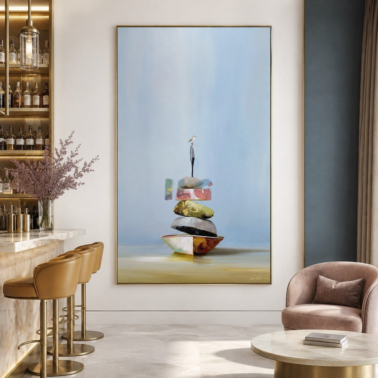 Balanced Horizon Stones – Minimalist Surreal Landscape Wall Art