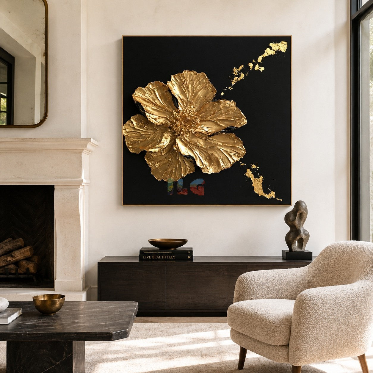 Midnight Gilded Petals – Luxury Textured Floral Wall Art