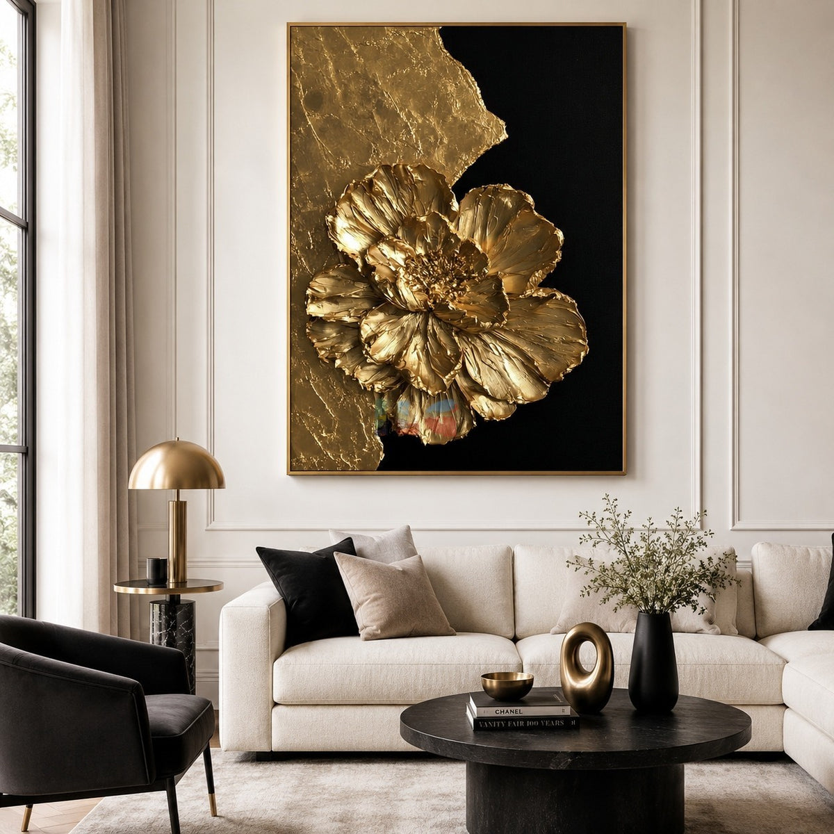 Sculpted Gold Flower – Luxury Black Gold Floral Wall Art