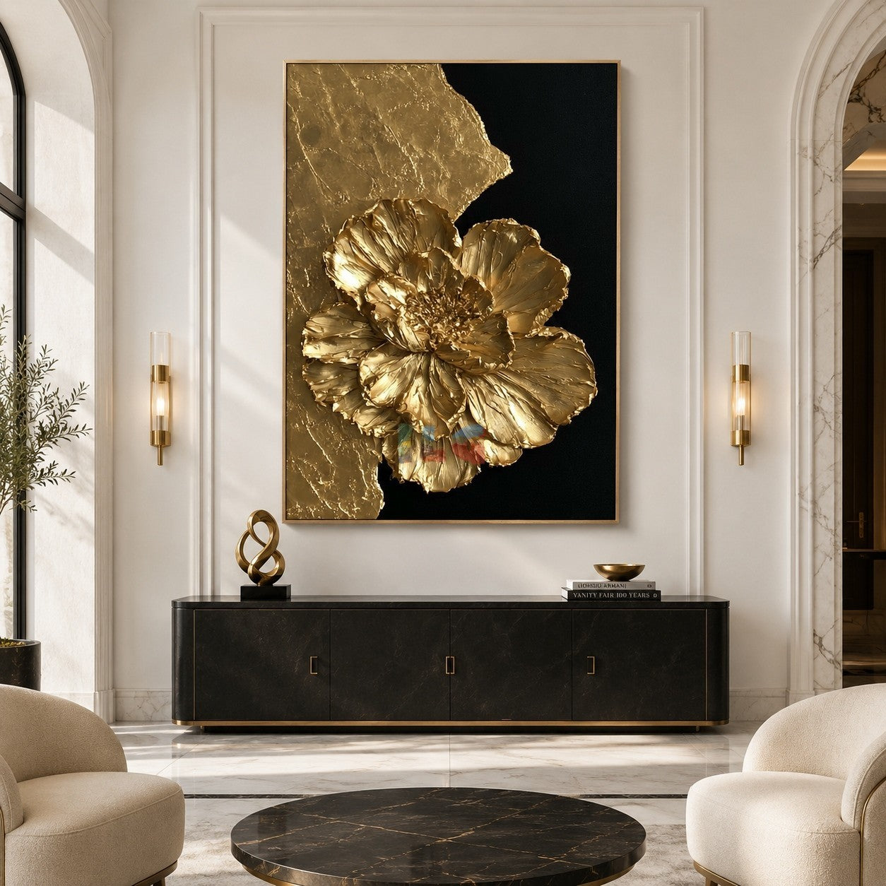 Sculpted Gold Flower – Luxury Black Gold Floral Wall Art