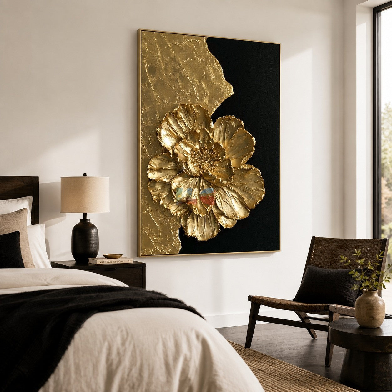 Sculpted Gold Flower – Luxury Black Gold Floral Wall Art