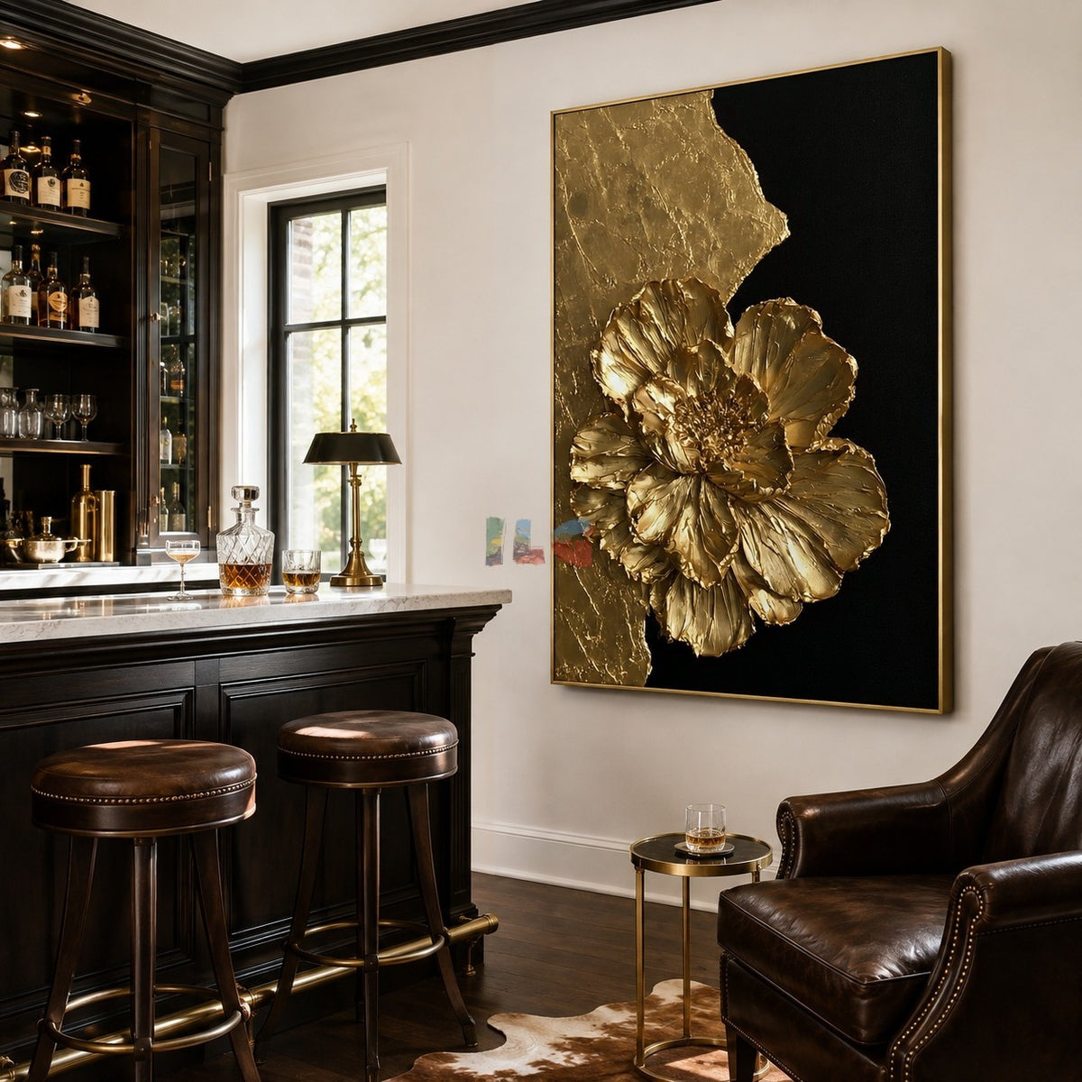 Sculpted Gold Flower – Luxury Black Gold Floral Wall Art