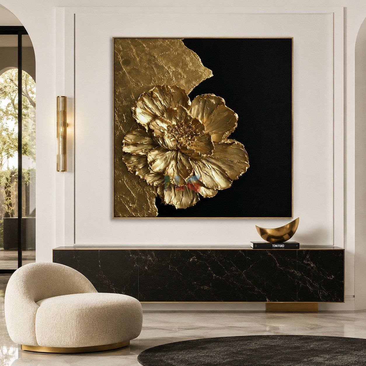 Radiant Gold Flower – Luxury Black Gold Textured Wall Art